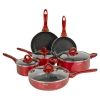 HITECLIFE Metallic Red Non Stick 10 Pc Aluminium Pan Set With Matching Handles [N9101]