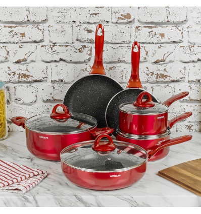 HITECLIFE Metallic Red Non Stick 10 Pc Aluminium Pan Set With Matching Handles [N9101]