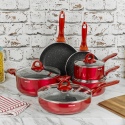 HITECLIFE Metallic Red Non Stick 10 Pc Aluminium Pan Set With Matching Handles [N9101]