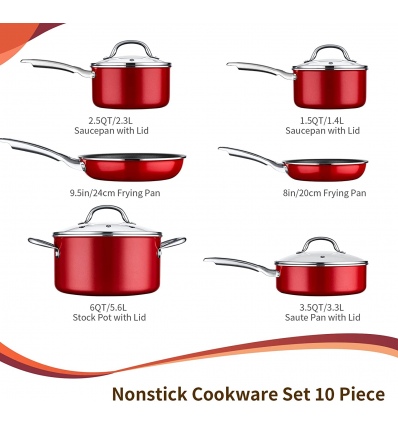 HITECLIFE Metallic Red Non Stick 10 Pc Aluminium Pan Set With Metal Handles [N9103]