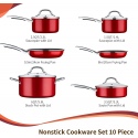 HITECLIFE Metallic Red Non Stick 10 Pc Aluminium Pan Set With Metal Handles [N9103]