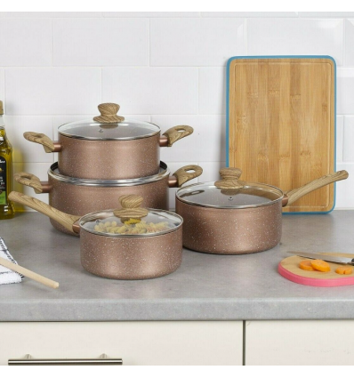 URBN-CHEF Rose Gold Pots & Pans With Wood Look Handles