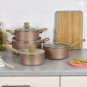 4x URBN-CHEF Rose Gold Pots & Pans With Wood Look Handles