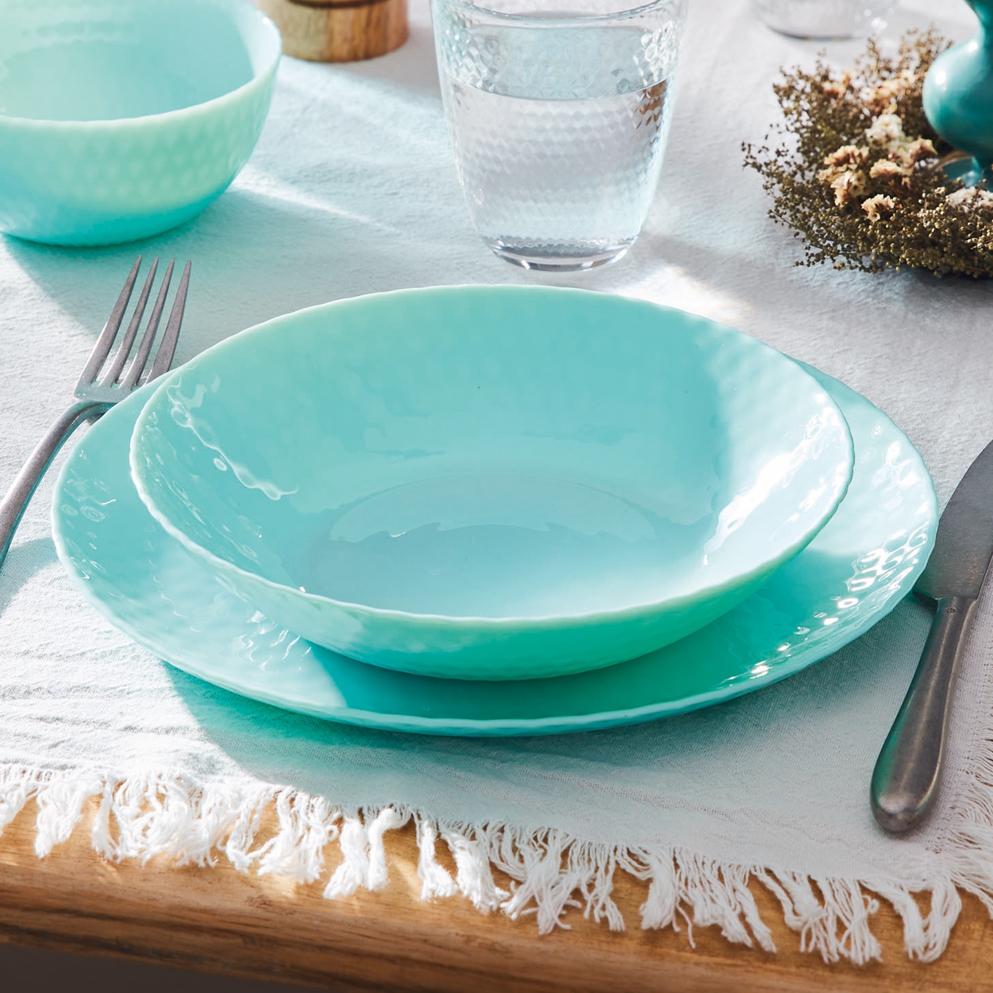 Luminarc 18Pc Turquoise PAMPILLE Tempered Opal Glass Dinner Set Table Plate  Bowl