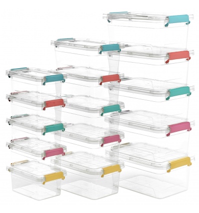 5 Pack Transparent Plastic Storage Boxes with Coloured Clip Lids