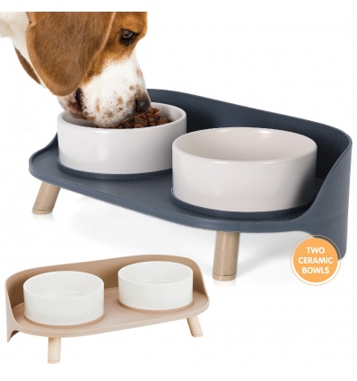 Two Ceramic Pet Feeder Bowls & Stand [338110]