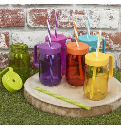 Single Colourful 370ml Glass Jar Mug with Reuseable Straw [438469]