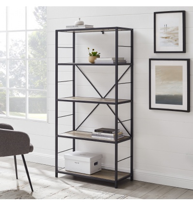 60" Rustic Metal & Wood Media Bookshelf - Grey Wash [135186]