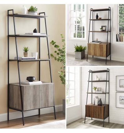 72" Industrial Style Wood & Metal Ladder Bookcase with Doors