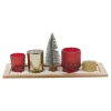 7Pcs Xmas Red & Gold Glass Tealight Holder & Wooden Tray Set[313919]