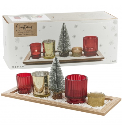 7Pcs Xmas Red & Gold Glass Tealight Holder & Wooden Tray Set[313919]