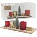 7Pcs Xmas Red & Gold Glass Tealight Holder & Wooden Tray Set[313919]