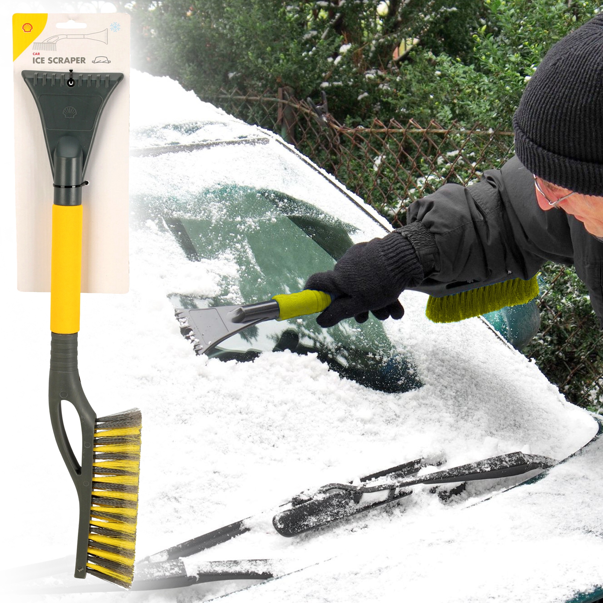 Shell Car 2-in-1 Windscreen Window Ice Frost Scraper Remover & Snow Brush  Tool