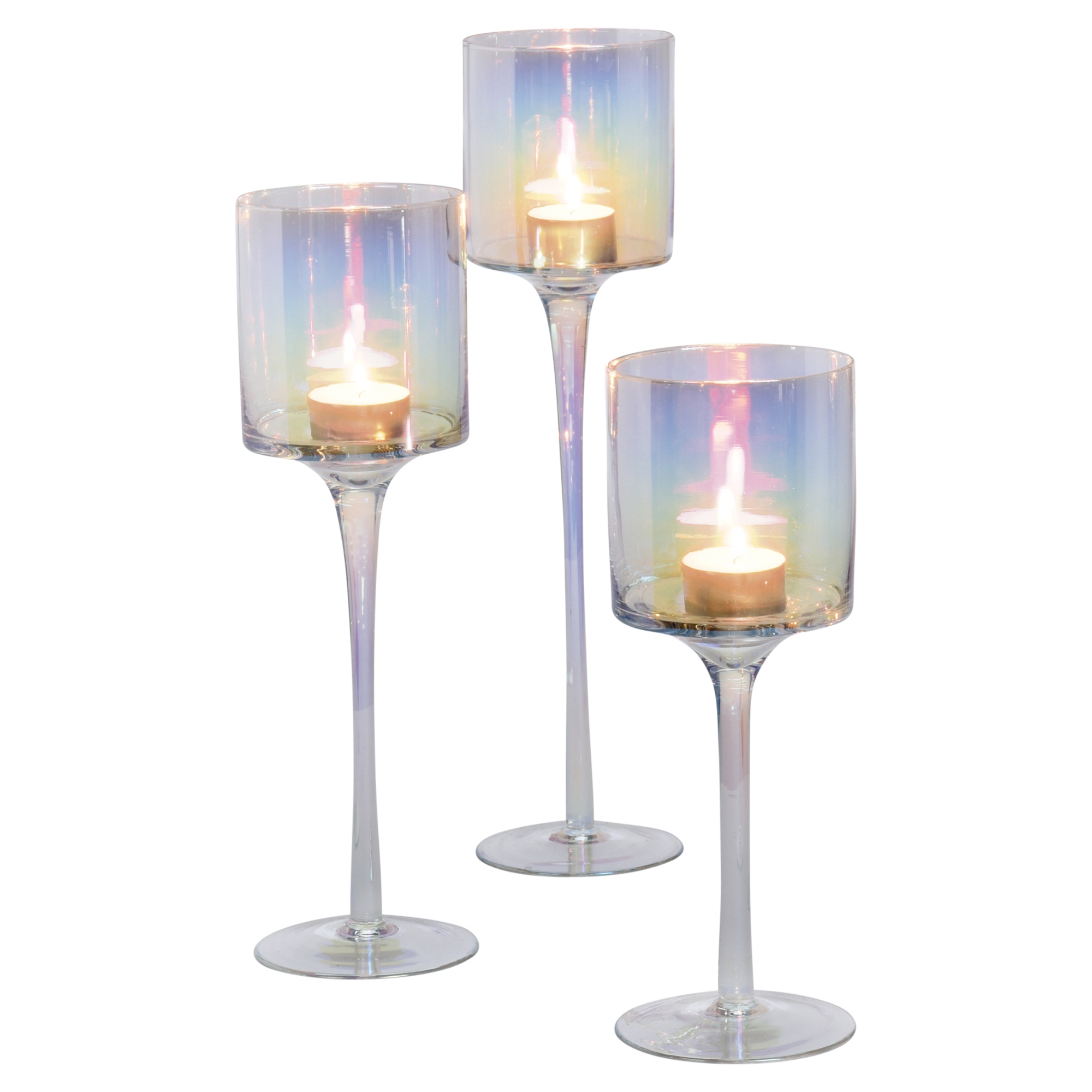 3 Candle Sticks Tea Light Holders Tall Iridescence Wedding